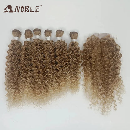 Noble tissage de cheveux synthétiques 16-20 pouces 7 pièces/lot Afro crépus bouclés paquets de cheveux avec fermeture dentelle synthétique pour les femmes noires