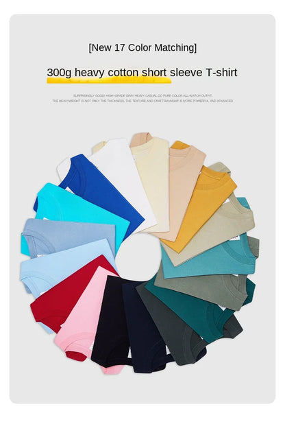 T-shirt à manches courtes en coton épais, Beige, 300g, col rond, ample et Base, pour hommes et femmes, été