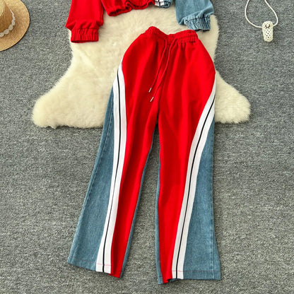 Ensemble pantalon deux pièces pour femmes, col rond, assorti, sweat-shirt, hauts, jambes larges, pantalons longs, décontracté, ample, taille élastique, Denim