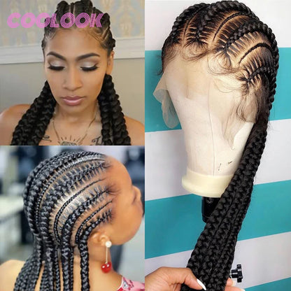 360 pleine dentelle Cornrow tressé perruques pour les femmes noires synthétique sans noeud 20 "sans colle tressé perruque avec des cheveux de bébé déesse tresses perruque