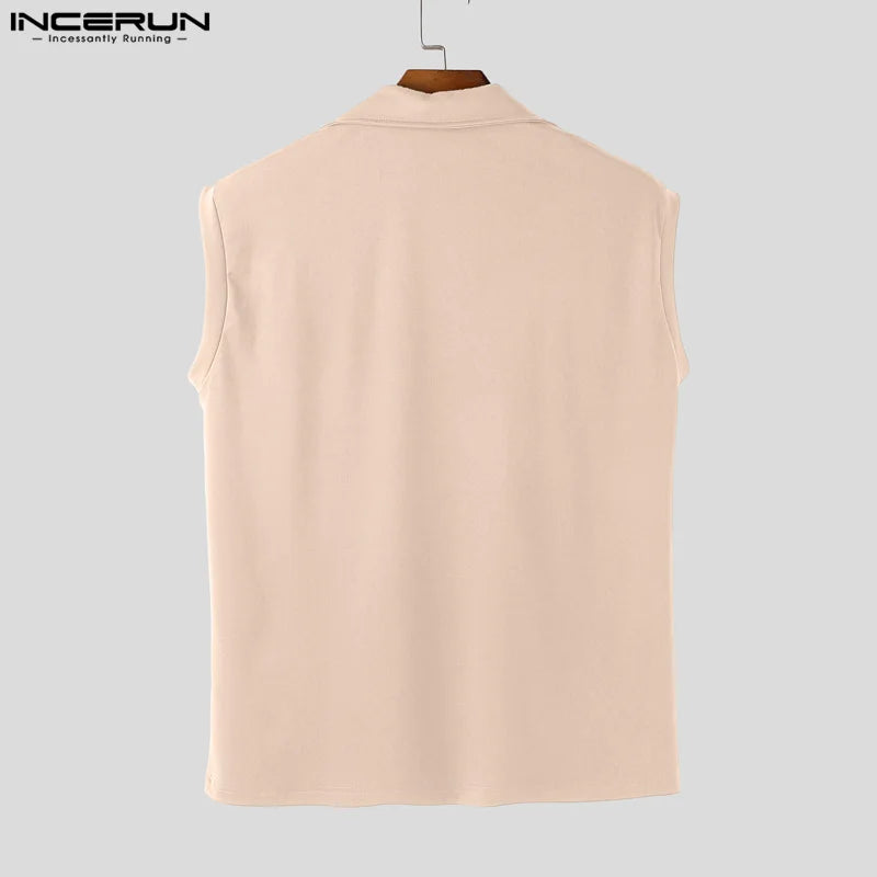 INCERUN hauts sans manche t-shirt été hommes débardeurs couleur unie fermeture éclair revers gilets hommes hauts surdimensionné vêtements pour hommes Streetwear