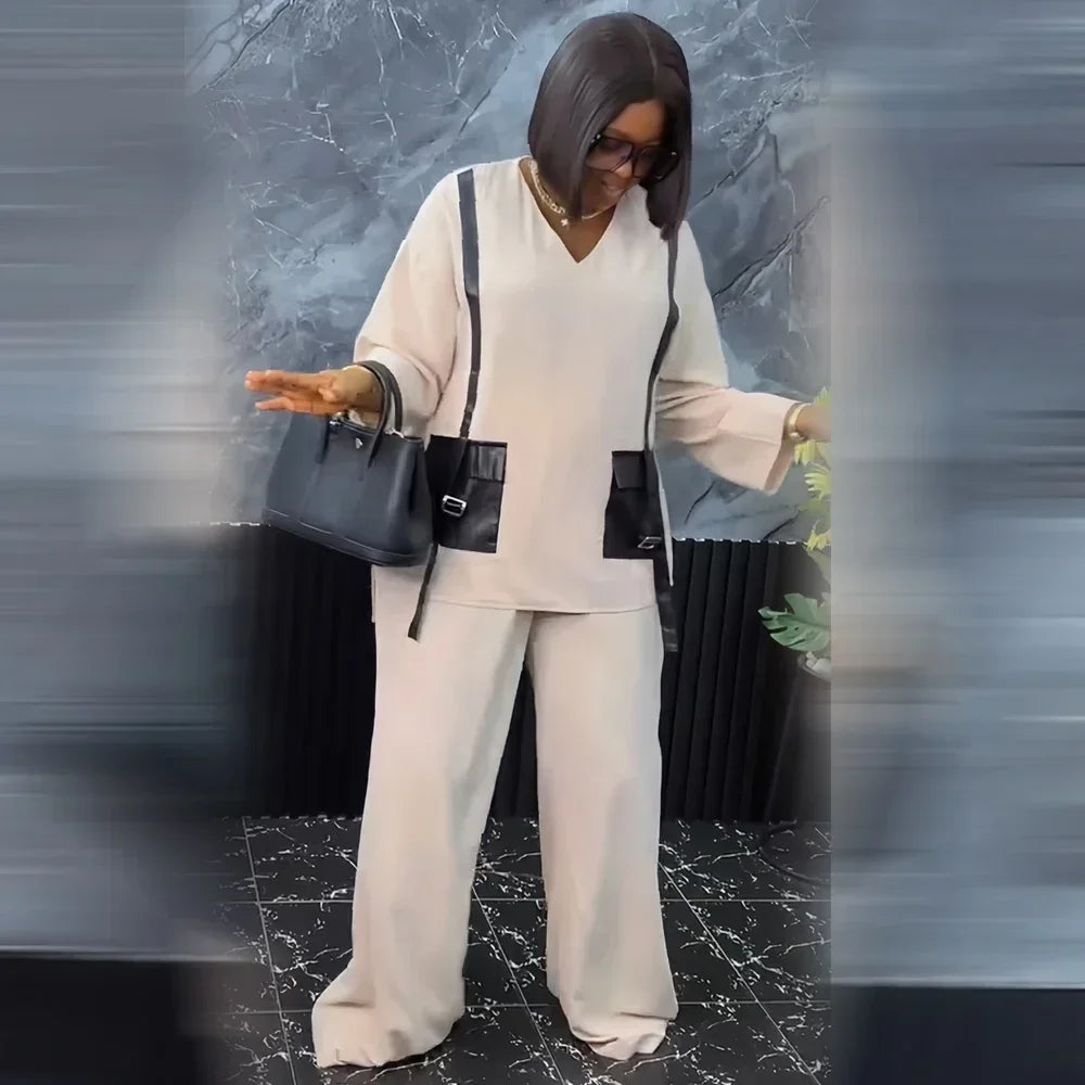 Ensemble deux pièces africain pour femme, pantalon long, ample, noir, poche, col en V, manches longues, grande taille, costume de vacances, sexe, nouveau, 2024