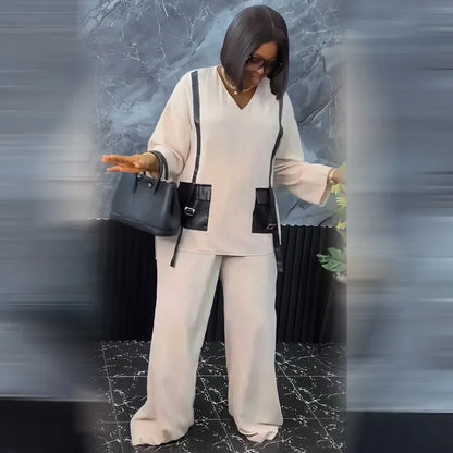 Ensemble deux pièces africain pour femme, pantalon long, ample, noir, poche, col en V, manches longues, grande taille, costume de vacances, sexe, nouveau, 2024