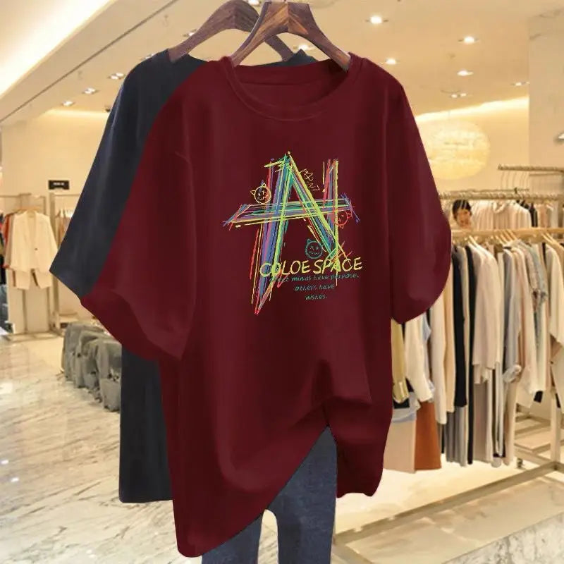 T-shirt basique imprimé géométrique peint à la main pour femme, pur coton, manches courtes, 40 noix-105 noix, vêtements décontractés, été