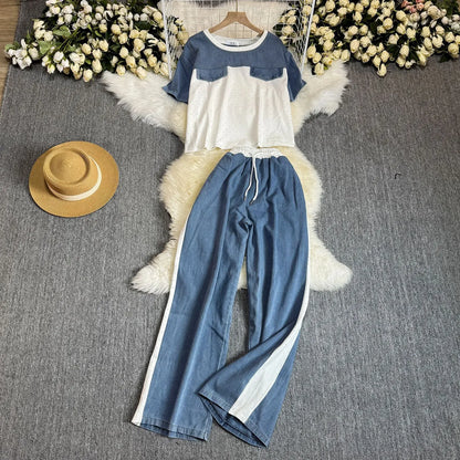 Ensemble deux pièces en Denim pour femmes, ensemble pantalon assorti, Streetwear Y2k, décontracté, perçage à chaud, hauts, jambes larges, pantalons longs, taille haute, 2025
