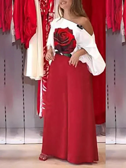 Ensemble deux pièces décontracté pour femmes, vêtements d'été pour femmes, T-shirt à manches lanternes et col incliné imprimé Rose, haut et pantalon à jambes larges, 2025