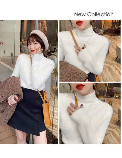 Pull à col roulé à manches longues pour femmes, optique, mince, doux, chaud, côtelé, hiver, automne, 2024