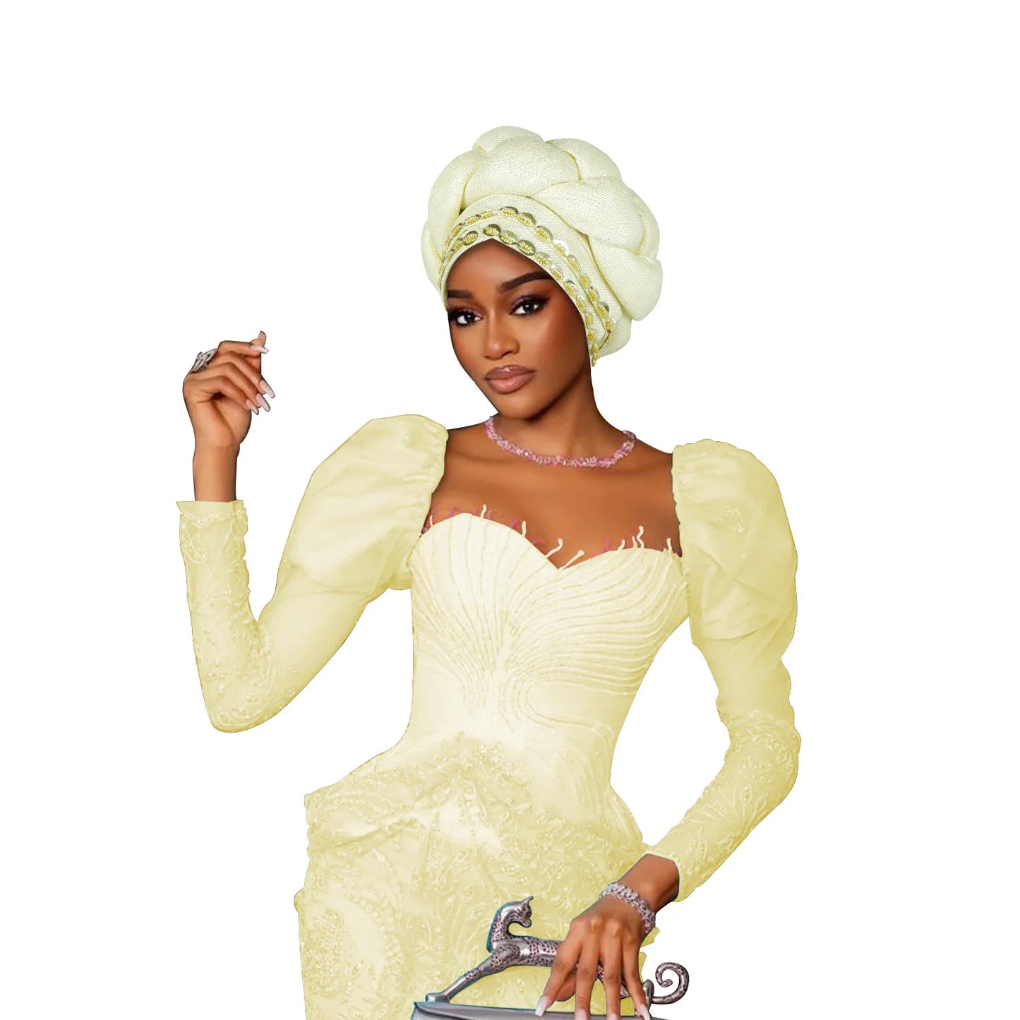 Couvre-chef africain Auto Gele déjà fabriqué, Turban brillant pour femmes, Hijab nigérian tressé, couvre-chef pour fête de mariage