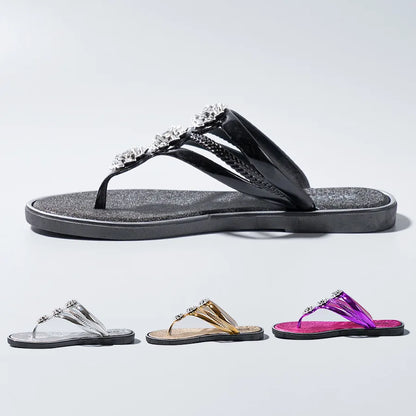 "Sandales tongs pour femmes avec strass, diapositives décontractées de plage pour vêtements d'extérieur, semelles plates et pantoufles d'été"