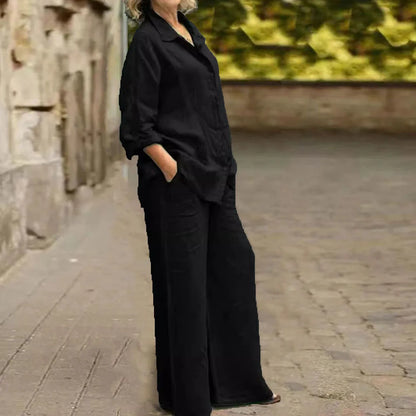 Ensemble 2 pièces en coton et lin pour femmes, chemise à manches longues, jambe large, mode féminine, bureau, printemps, automne