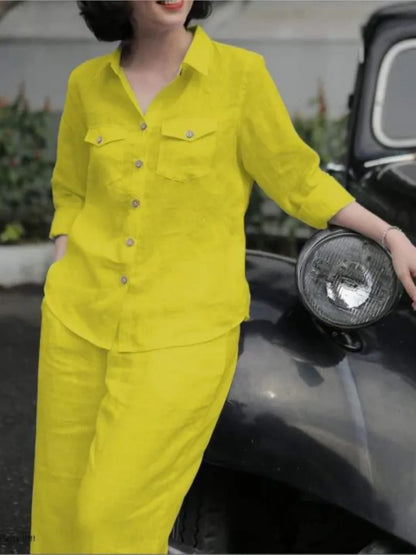 Ensemble chemise et pantalon pour femmes, élégant, col à revers, manches longues, mode automne, tenues, pantalons de travail solides, costumes, survêtement, 2 pièces