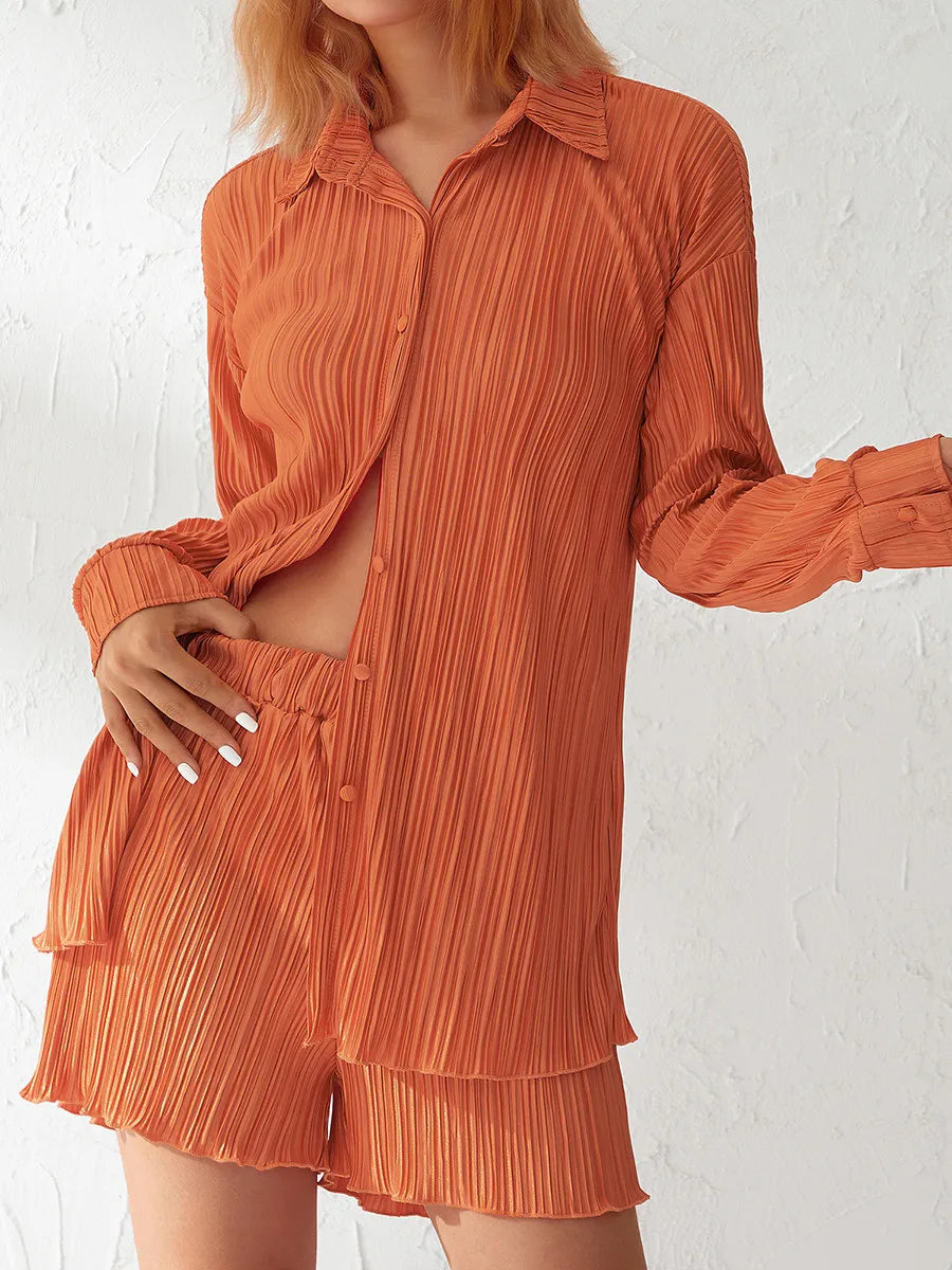 Ensemble de vêtements décontractés pour femmes, chemise froncée à manches longues, boutonnée et short, 2 pièces