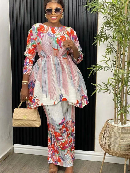 ANLAN-Ensemble Deux Pièces Plissé pour Femme, Imprimé, Manches sulf, Lacets, Taille Ronde, Pantalon Décontracté, Nouvelle Collection Automne 2024, 7YK3519