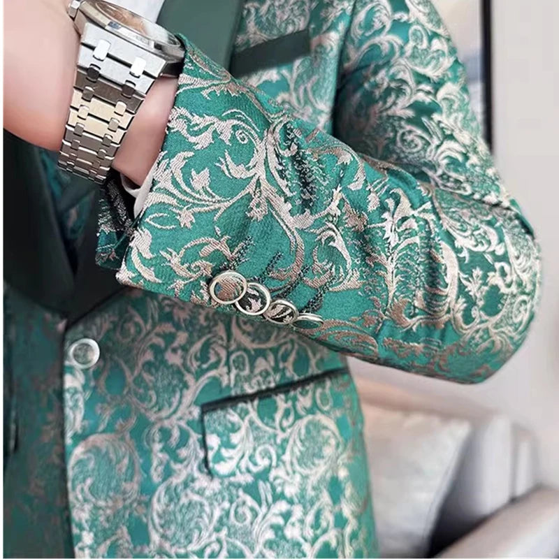 Costume vert 3 pièces pour hommes, veste de robe de soirée de mariage avec gilet et pantalon, ensembles Slim à la mode pour hommes, tissu Jacquard Beige, noir, bleu