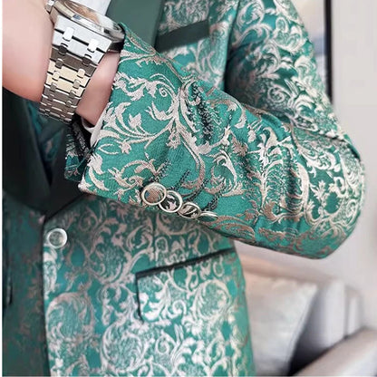 Costume vert 3 pièces pour hommes, veste de robe de soirée de mariage avec gilet et pantalon, ensembles Slim à la mode pour hommes, tissu Jacquard Beige, noir, bleu