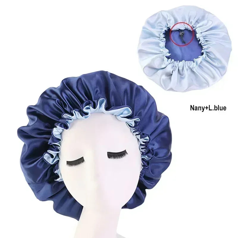 Bonnet en Satin réversible pour cheveux, Double couche réglable, couvre-tête pour dormir, accessoires de coiffure bouclés et élastiques