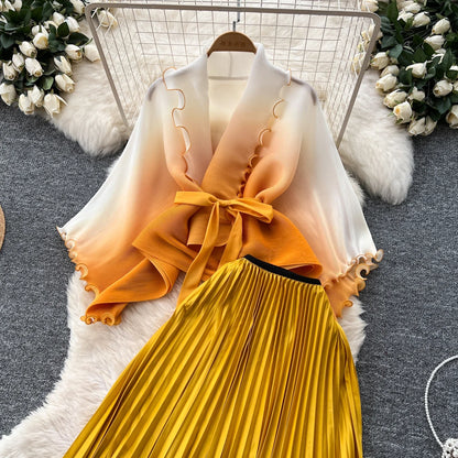 Miyake pli changement progressif couleur bord ondulé costume soleil jupe plissée à la mode et élégant deux pièces ensembles tenues pour femmes