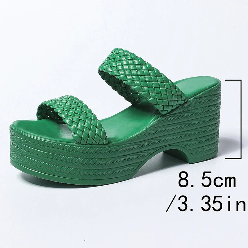 2025 vert talon compensé tissé sandales femmes grande taille grosse plate-forme pantoufles femme été semelle épaisse diapositives chaussures femme 42