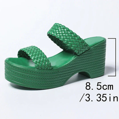 2025 vert talon compensé tissé sandales femmes grande taille grosse plate-forme pantoufles femme été semelle épaisse diapositives chaussures femme 42