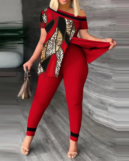 Ensemble deux pièces élégant pour femmes, nouvelle mode, imprimé, manches à volants, haut, pantalon de couleur unie, avec ceinture, chemisiers, vêtements féminins