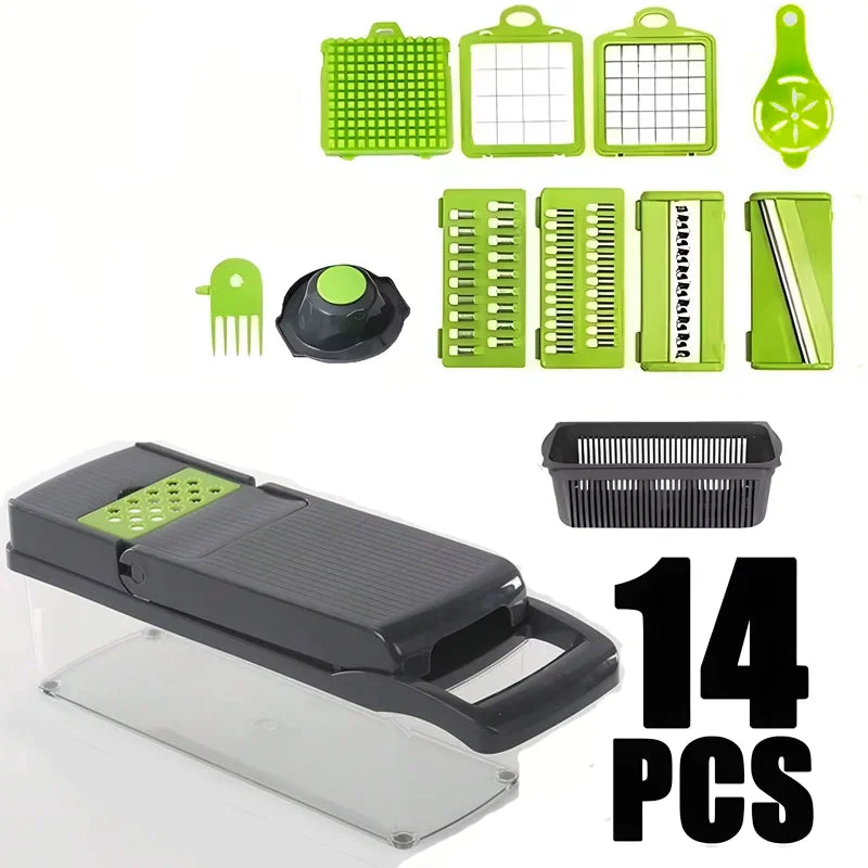 Trancheur de légumes multifonctionnel, broyeur de qualité alimentaire avec panier, hachoir à fruits, pommes de terre, oignon, râpe à carottes, 14/16 pièces