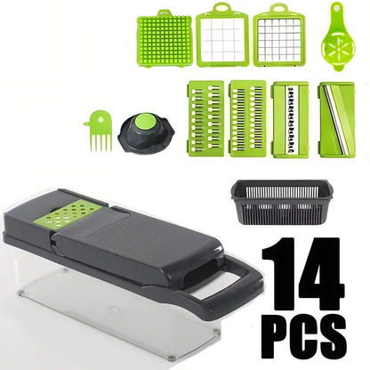 Trancheur de légumes multifonctionnel, broyeur de qualité alimentaire avec panier, hachoir à fruits, pommes de terre, oignon, râpe à carottes, 14/16 pièces