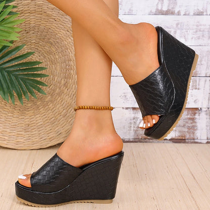 Plate-forme épaisse sandales à talons compensés femmes Sexy Peep orteil noir Pu cuir tissage diapositives femme Super haut talon anti-dérapant Sandalias Mujer