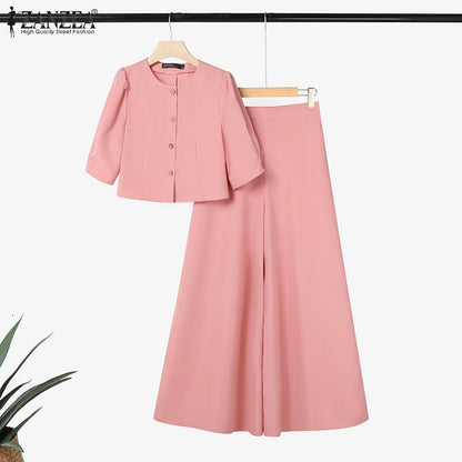 BS -  rue mode femme 2 pièces ensembles élégant manches courtes bouffantes haut court pantalon à jambes larges 2 pièces tenue élégant bureau pantalon ensembles