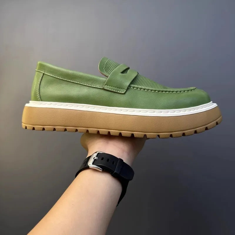 Mocassins en cuir de vachette à plateforme vintage pour hommes, chaussures en cuir véritable, respirant, évider, décontracté, conduite, affaires, été