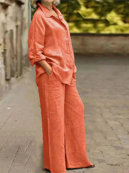Ensemble 2 pièces en coton et lin pour femmes, chemise à manches longues, jambe large, mode féminine, bureau, printemps, automne