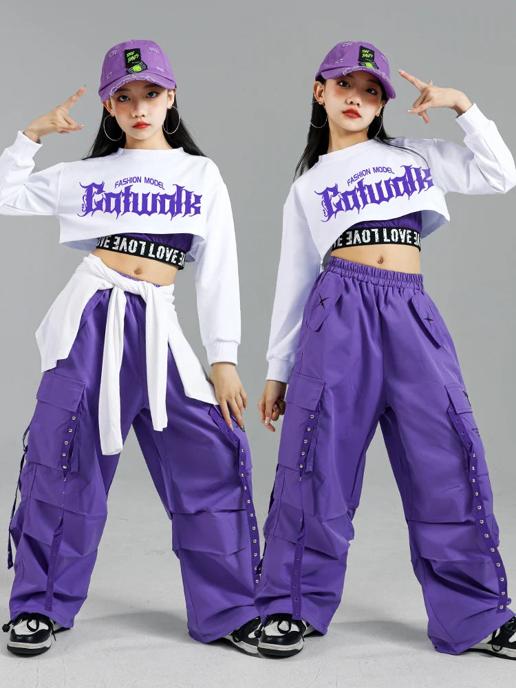Haut court K-pop pour filles, pantalons cargo, cardigan de danse de rue pour enfants, olympiques streetwear pour enfants, ensembles de vêtements de groupe de filles Jazz
