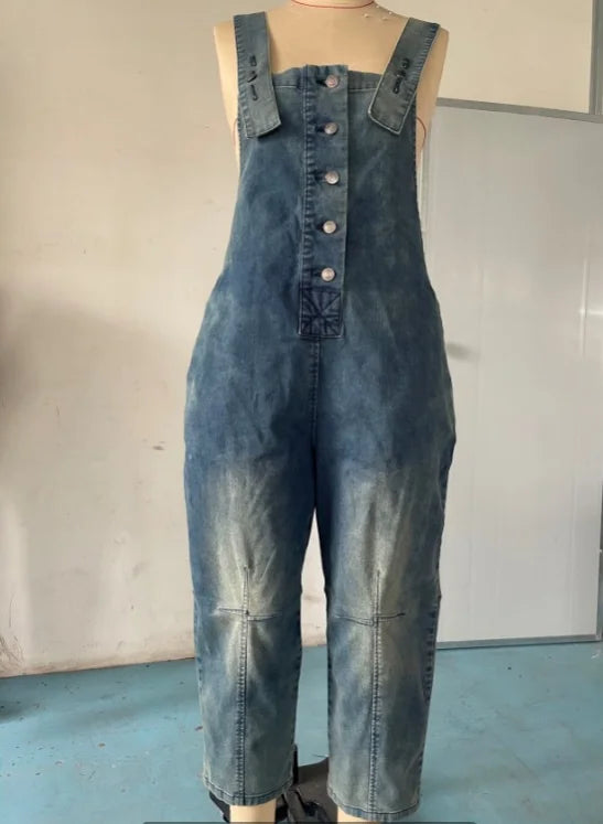 Combinaison en denim bleu pour femme, jambe large fendue, bouton de poche, bretelles fines, combinaison vintage, mode globale, 2025