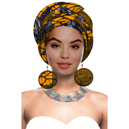 Turbans - bandeaux africains pour femme foulard africain couvre-chef nigérian avec boucle d'oreille assortie Dashiki Ankara cire S20H004