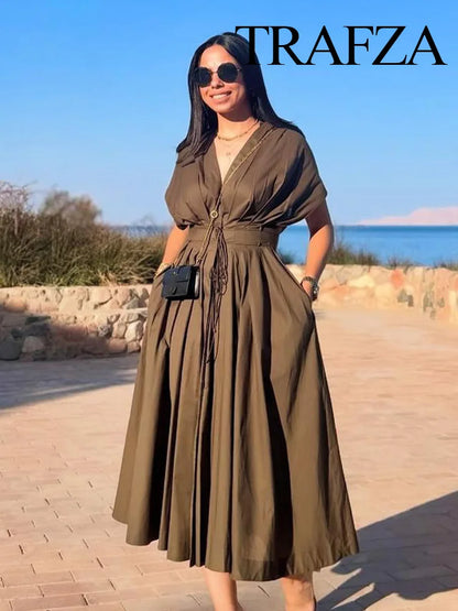 TRAFZA femmes mode d'été col en v à lacets Midi robe à manches courtes femme élégante dos nu plissé Sexy taille longue robe