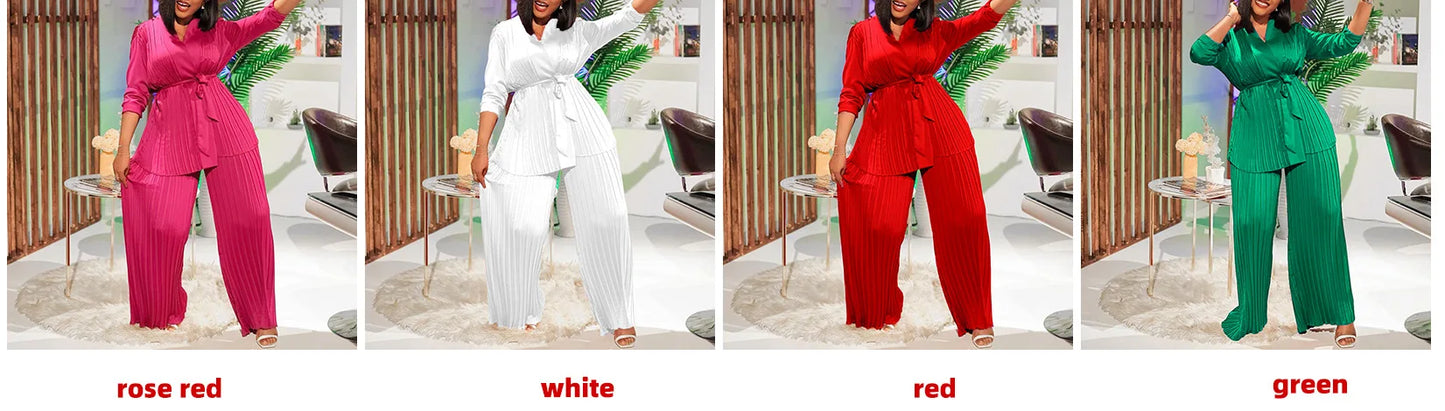 Ensemble deux pièces pour femmes africaines, mode d'été ample et plissé, chemise élégante à lacets OL, jambes larges, pantalon plissé