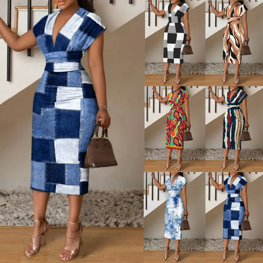 Robes d'été pour femmes, col en v, Slim, moulant les hanches, Sexy, imprimé, robe de bureau mi-longue, nouvelle collection