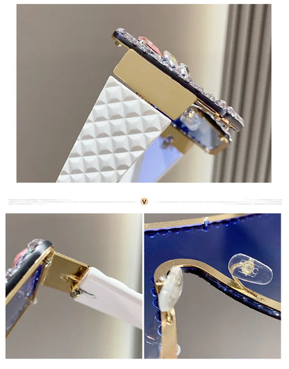 Lunettes de soleil une pièce pour femmes, grande monture rectangulaire incrustée de diamants, avec diamants d'eau