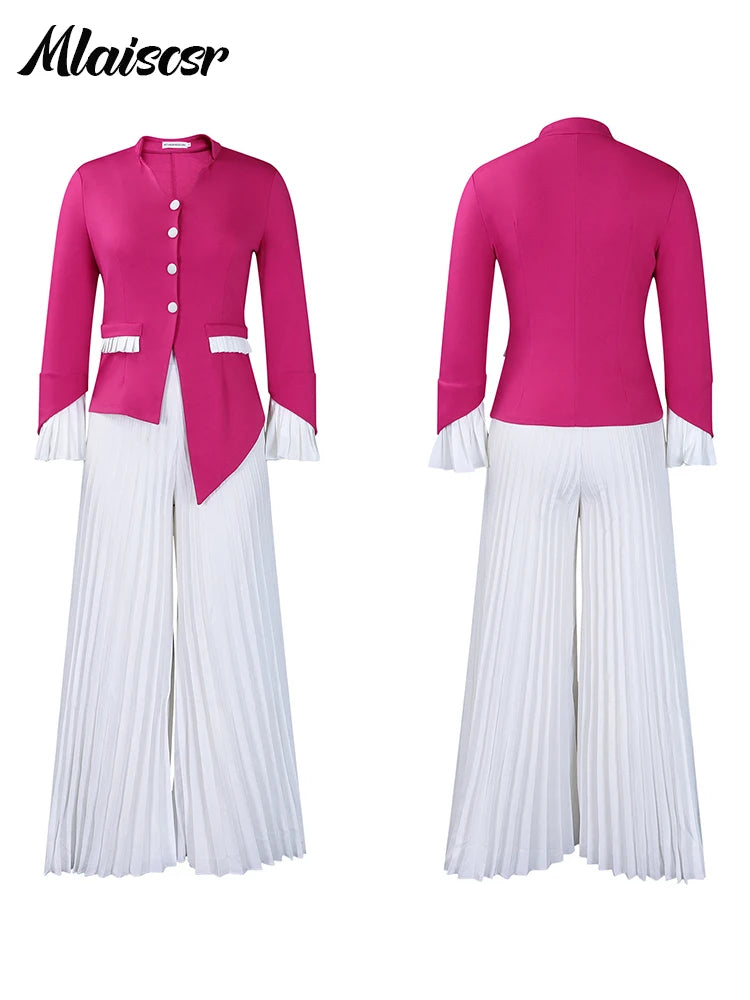 Mlaiscsr manches évasées bouton Blazer chemise hauts et pantalons à jambes larges plissés 2 deux pièces ensembles femmes élégant bureau dames tenues