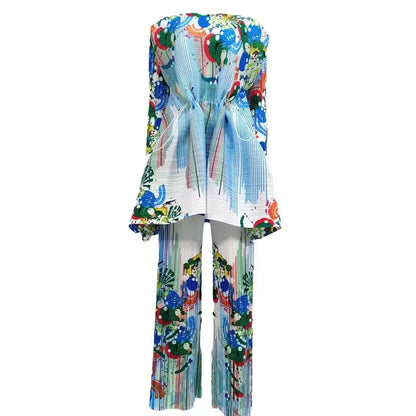ANLAN-Ensemble Deux Pièces Plissé pour Femme, Imprimé, Manches sulf, Lacets, Taille Ronde, Pantalon Décontracté, Nouvelle Collection Automne 2024, 7YK3519