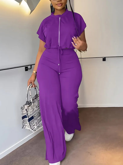 Femmes décontracté col rond cordon à manches courtes haut et taille haute pantalon ensemble été solide deux pièces costume ensembles tenues ensemble femme