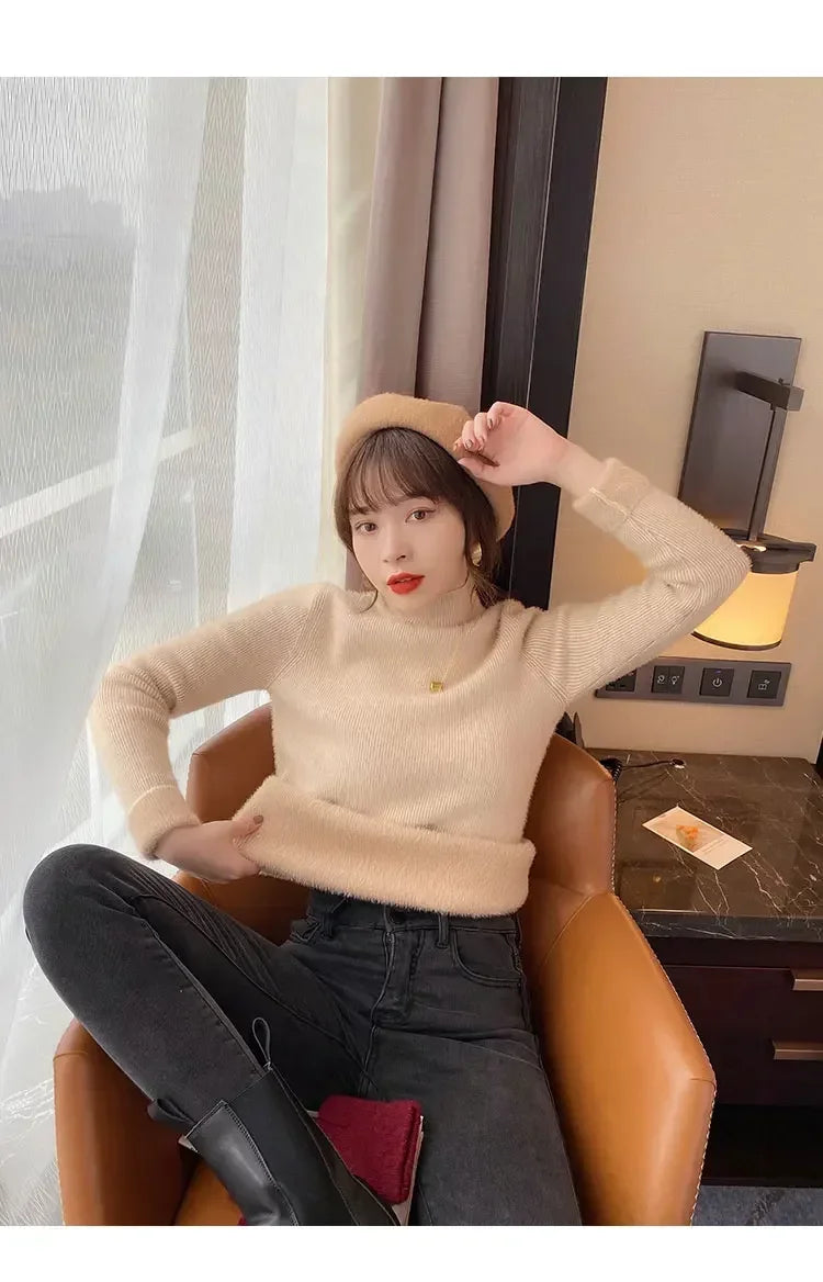 Pull à col roulé à manches longues pour femmes, optique, mince, doux, chaud, côtelé, hiver, automne, 2024