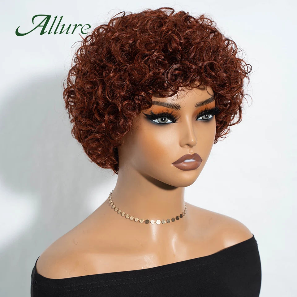 Jerry bouclés perruques de cheveux humains pour les femmes noires 10 pouces court Pixie Afro crépus bouclés perruque avec frange brun couleur cheveux perruques Allure
