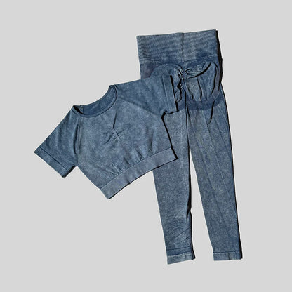 Ensemble de sport de lavage pour femmes, combinaison sans couture, haut de Fitness à manches courtes avec froissés sur les fesses, Leggings d'entraînement, vêtements de gymnastique