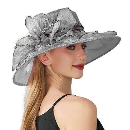 Chapeau Derby à fleurs de couleur unie pour femmes, en Organza à large bord, à volants, chapeau de soleil pliable, Protection UV, pour fête de thé, mariage