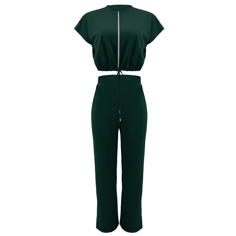 Femmes décontracté col rond cordon à manches courtes haut et taille haute pantalon ensemble été solide deux pièces costume ensembles tenues ensemble femme