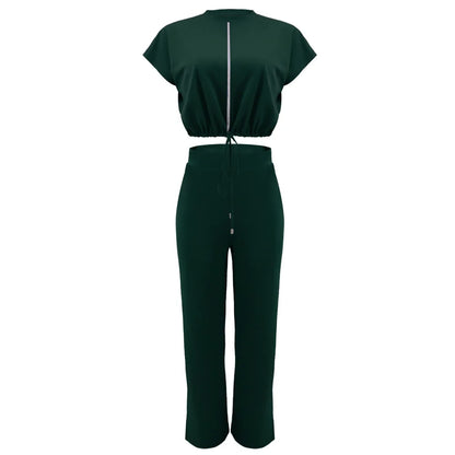 Femmes décontracté col rond cordon à manches courtes haut et taille haute pantalon ensemble été solide deux pièces costume ensembles tenues ensemble femme