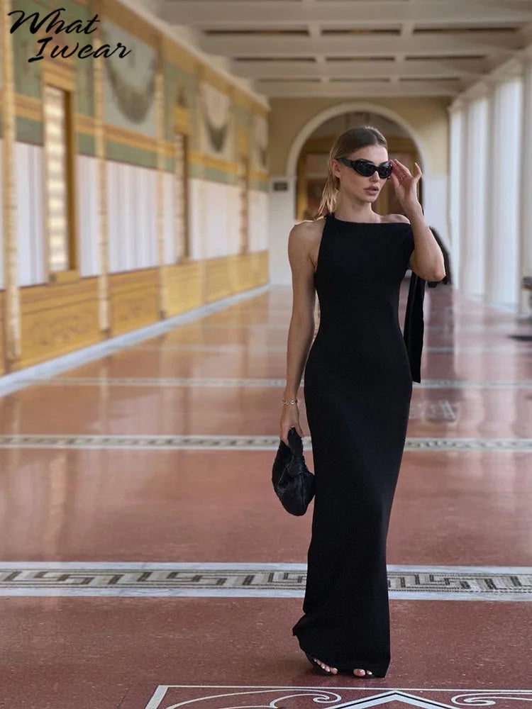 Bizarre chat une épaule robe femme été Sexy solide élégant noeud pansement sans manches moulage Simple fête maigre robes