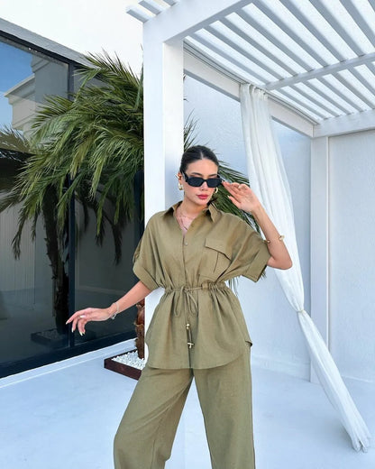 Ensemble deux pièces pour femmes, streetwear, décontracté, à la mode, pour les travailleuses, avec poche, collection été 2024