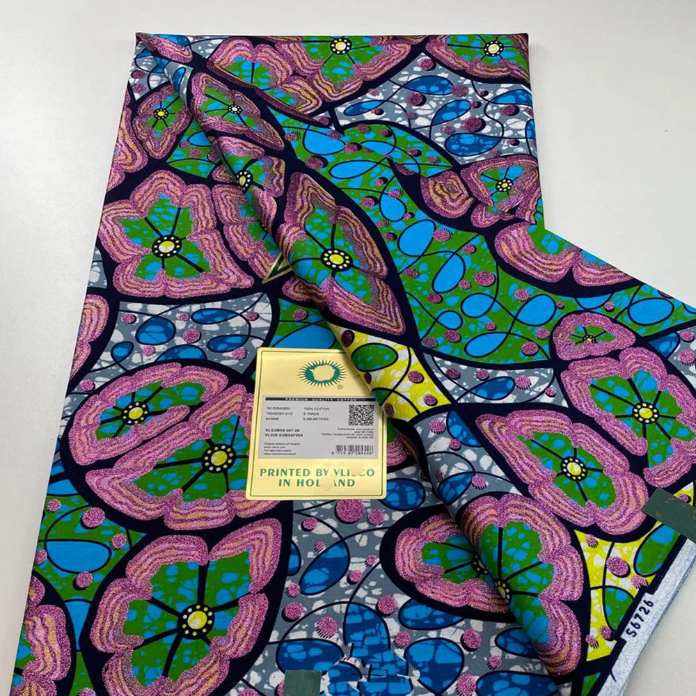 Tissu africain en cire de coton, très bonne qualité, nouvelle grande cire Ankara brillante Pagne, couleur grise, brillant doré, trucs Batik, 6 mètres