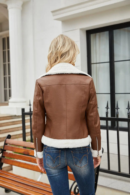 Vestes d'hiver pour femmes mode épais chaud Faux cuir peau de mouton veste manteau Vintage rabat poche vêtements de dessus pour femmes Chic hauts